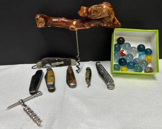 Vintage Pocket Knives, Corkscrew, Marbles 