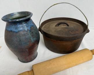 Vintage Cast Iron Dutch Oven, Glazed Vase and Foley Rolling Pin