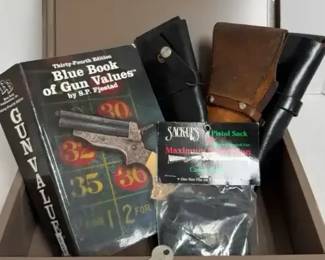 Fire Resistant Vault with Key, Three Leather Holsters, Blue Book Gun Value, Camo Sack