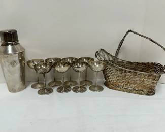 835 Silver Shaker and Cordial Goblets, Wine BasketUnknown Metal