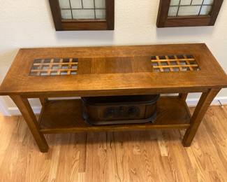 Solid oak sofa table with glass inserts