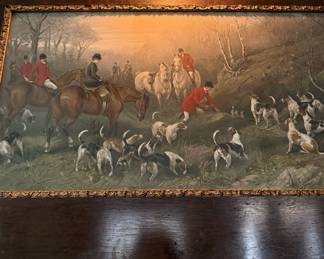 LARGE Antique Oak Framed Hunt Scenes 75" x 28"
