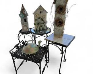 Four Wrought Iron Plant Stands And Bird House Decor