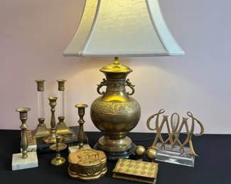 Brass Lamp, Candlesticks More Decor