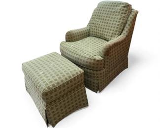 Green And White Patterned Stuffed Arm Chair And Ottoman