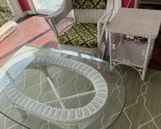 White Wicker Rocker, Side Table And Glass Table Top