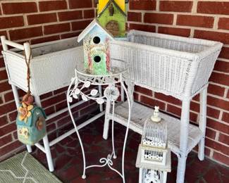 Three White Plant Stands And 4 Birdhouses