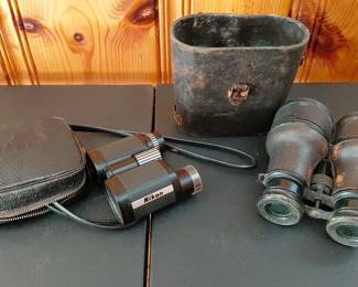 Vintage Pair Of Binoculars French Military and Nikon Compact