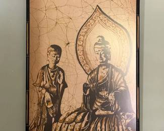 Batik Art Depicting Buddha Figure And Smaller Figure 17.5 X 31 Inches