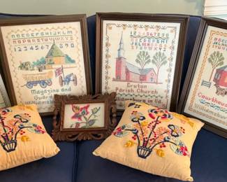 Vintage Needlework Samplers And Pillows