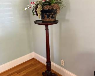 Torchere Plant Stand With Carved Legs And Asian Art Themed Arrangement 