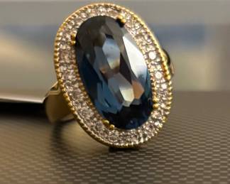 14k Gold Blue Topaz & Synthetic Diamonds in a Halo Style