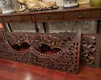 Two Vintage Old Carved Wooden Architectural Panels