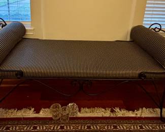 Large Steel Bench with Striped Cushion and Bolsters