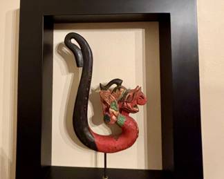 Framed Hand-carved and painted wooden sculpture 