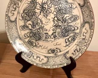 Chinese blue and white porcelain plate, featuring a dragon motif.