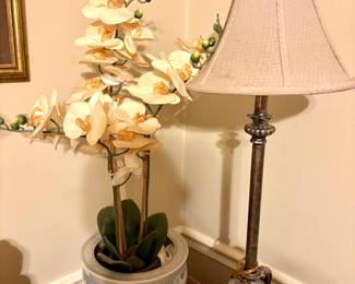 Silk Orchid Plant in Blue & White Ceramic Planter