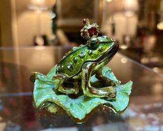 Bejeweled Enameled with Rhinestones Frog Prince Trinket Box