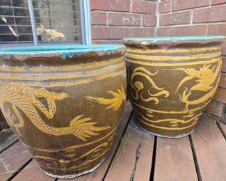 Large Antique Chinese Black Egg Pottery Planters with Dragon Motif