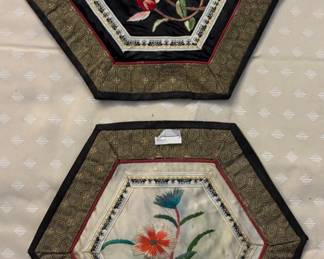 Vintage Hand Embroidered Chinese Silk Textile in a hexagon shape
