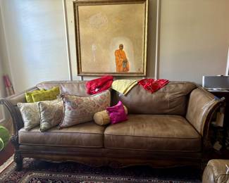 Beautiful Vintage Leather Couch Carved Wood details