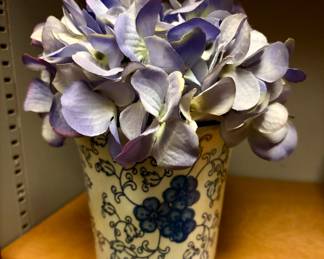 Small Blue & White Ceramic Planter with Silk Hydrangeas 