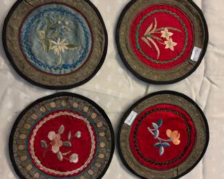 Small Round Vintage Hand Embroidered Chinese Silk Textile that could be used as coasters