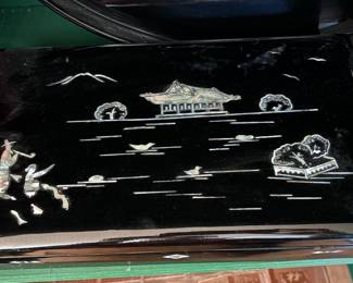 45. Black Lacquer Cigarette Box w/ Mother of Pearl Inlay (12" x 7" x 2")