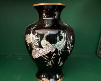 43. Black Lacquer Vase w/ Mother of Pearl Inlay (8"h)
