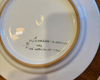 "71. Alabaster Giardino Dishware, Deruta Italy
    1 Platter
    2 Serving Plates
    4 Dinner Plates
    6 Dessert Plates"