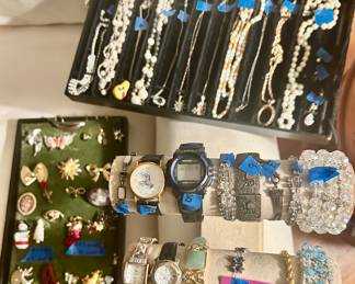 Vintage jewelry/Pins, bracelets watches, and necklaces