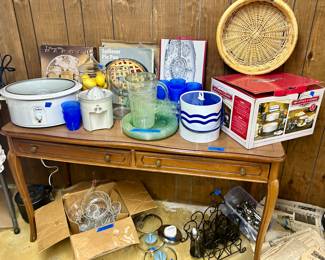 Punch bowl set, Oval crockpot, electric juicer, metal serving stands in utensil holder, plastic ice bucket, glass, serving trays inbox