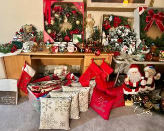 Holiday pillows, wreaths, and decorations