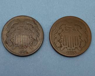Two 1865 US 2 Cent Pieces