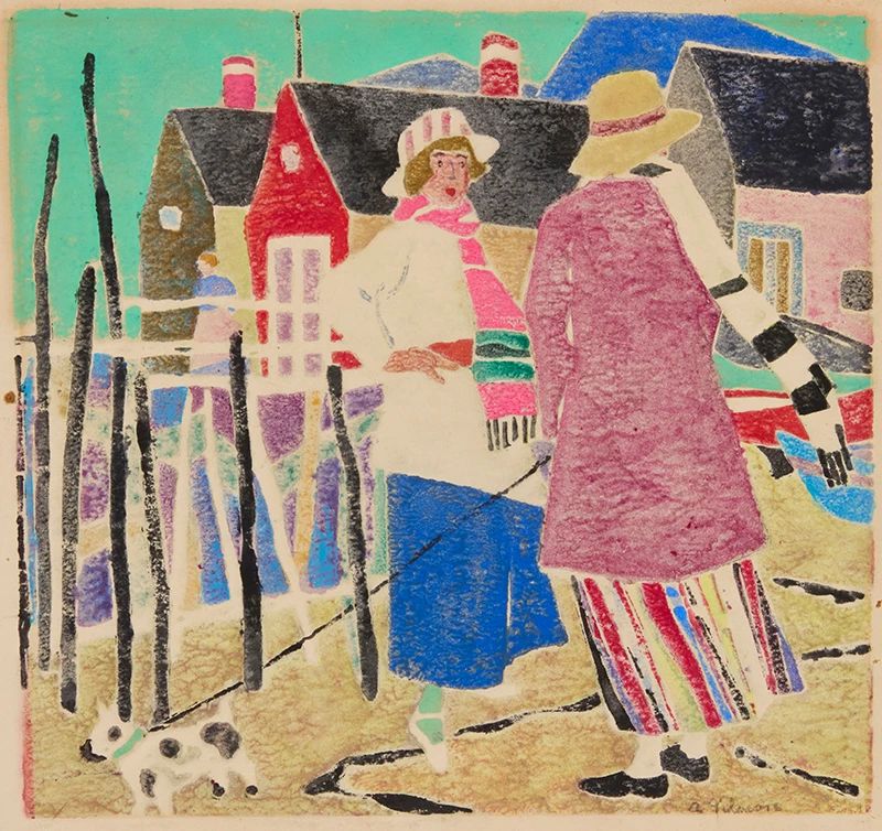 1
Ada Gilmore
(1883-1955)
"A Promenade in Provincetown," circa 1916
White-line woodcut in colors on sturdy wove paper
From the edition of unknown but presumably very small size
Signed in pencil along the lower edge of the block, at right: A Gilmore; signed again and titled in pencil on the brown paper tape used for hinging, verso
Image: 9" H x 10" W; Sheet: 10.375" H x 13.125" W (irreg.)
Estimate: $3,000 - $5,000