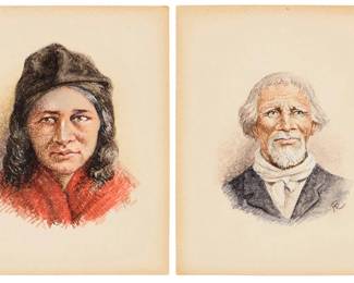 58
Albert Bierstadt
(1830-1902)
Two miniature portraits of a man and a woman
Each: Watercolor, gouache, and mixed media on wove paper
Each: Signed with stylized initials lower right: AB
Female sheet: 5" H x 4.25" W; Male sheet: 5" H x 3.625" W
Estimate: $3,000 - $5,000