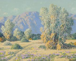 115
Carl Sammons
(1883-1968)
"Smoke Trees, Palm Springs, Calif."
Oil on canvasboard
Signed lower right: Carl Sammons; titled in pencil, verso
12" H x 16" W
Estimate: $800 - $1,200