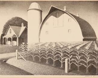 3
Grant Wood
(1892-1942)
"Fertility," 1939
Lithograph on wove paper
From the edition of 250
Signed in pencil in the lower margin, at right: Grant Wood; George C. Miller, prntr.; Associated American Aritsts, New York, pub.
Image: 8.875" H x 11.875" W; Sheet: 11.25" H x 14" W (approx.)
Estimate: $3,000 - $5,000