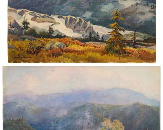 164
Albert Thomas De Rome (1885-1959)
Two works:

"Mt. Elwell from near Long Lake, Near Blairsden, Plumas County," 1918
Watercolor on paperboard
Signed lower left: A. De Rome; titled and dated, verso: 1918
7.75" H x 10.875" W

"Cabin Back of Saratoga Sumit [sic]," 1927
Watercolor on paperboard
Signed lower right: A. De Rome; titled and dated, verso: 1927; annotated by another artist, verso
8" H x 11.875" W
Estimate: $800 - $1,200