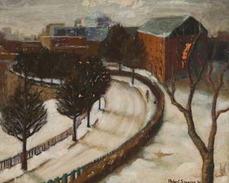 150
Robert Spencer
(1879-1931)
Buildings and road through the Delaware River Valley, 1922
Oil on canvasboard
Signed and dated lower right: Robert Spencer '22
20" H x 24" W
Estimate: $20,000 - $30,000