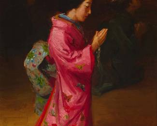 61
Theodore Wores
(1859-1939)
"Lady in Kimono"
Oil on canvas laid to canvas
Signed lower right: Theodore Wores; titled on a label affixed to the frame's verso
16.75" H x 11" W
Estimate: $7,000 - $10,000