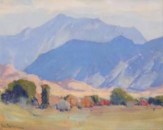 114
Paul Lauritz
(1889-1975)
California foothills and mountains
Oil on canvas laid to board
Signed lower left: Paul Lauritz
12" H x 15" W
Estimate: $800 - $1,200