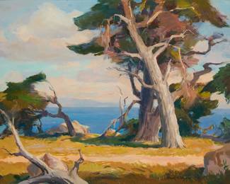 168
Frank Harmon Myers
(1899-1956)
"Path by the Sea"
Oil on Masonite
Signed lower right: Frank H. Myers; signed again, titled, and numbered "759," all verso; titled again on a gallery label affixed to the frame's verso
22" H x 28" W
Estimate: $2,000 - $3,000
