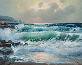 209
Alexander Dzigurski
(1911-1995)
Crashing waves along the shoreline
Oil on canvas
Signed lower right: A. Dzigurski; with the artist's black ink copyright stamps, verso
24" H x 36" W
Estimate: $2,000 - $3,000