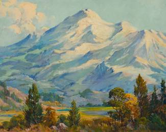 102
George Demont Otis
(1879-1962)
"Mt. Shasta," 1940
Oil on canvas
Signed lower right: Geo. Demont Otis; signed again, titled, and dated 1940 (Oct), all in ink, on a letter from the artist affixed to the frame's backing paper; titled again on the frame plaque
30" H x 40" W
Estimate: $2,500 - $3,500