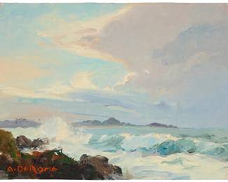 25
Albert Thomas De Rome
(1885-1959)
"Pt Lobos from Duttons - Storm Gathering," 1938
Oil on unstretched canvas
Signed lower left: A. De Rome; titled and dated in ink, verso: Feb 1938; inscribed and numbered in ink, possibly in another hand, verso: "747" / "A4"
6" H x 8" W
Estimate: $600 - $800