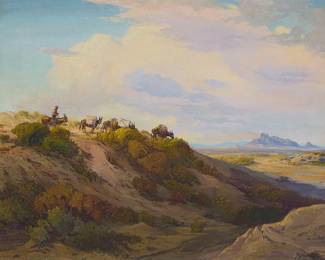 106
Fred Grayson Sayre
(1879-1939)
"The Old Prospector"
Oil on canvas
Signed lower right: F. Grayson Sayre; signed again and titled in pencil on the stretcher bar
40.25" H x 50.25" W
Estimate: $3,000 - $5,000