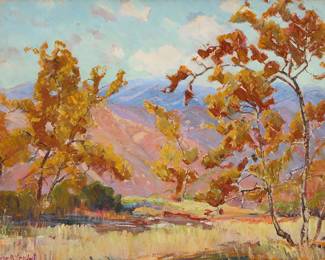 80
Charles Arthur Fries
(1854-1940)
"From the Park" (Balboa Park, San Diego)
Oil on board
Signed lower right: C.A. Fries; titled and numbered "70" verso
16" H x 20" W
Estimate: $6,000 - $8,000