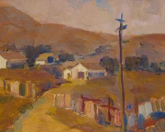 17
Selden Connor Gile
(1877-1947)
"Fence, Pole and Barns," circa 1935
Oil on canvasboard
Unsigned; titled and dated on the exhibition label affixed to the frame's backing paper
Sight: 8.5" H x 11.5" W
Estimate: $4,000 - $6,000