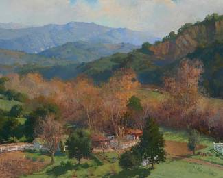 180
Meredith Brooks Abbott
(b. 1938)
"Rincon Canyon, Carpinteria, California," 1989
Oil on linen
Signed lower left: M.B. Abbott; titled, dated, and inscribed "Feb. 1989 / Haggerty's," all verso; titled again (twice) on labels affixed to the stretcher or frame's verso
42" H x 54" W
Estimate: $6,000 - $8,000